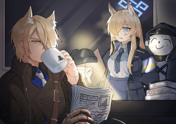 1girl 2boys anger_vein animal_ear_fluff animal_ears arknights armband black_hoodie black_necktie blue_archive blue_eyes brown_coat clipboard coat collared_shirt commentary_request cup desk_lamp doctor_(arknights) dog_boy dog_ears dog_girl doodle_sensei_(blue_archive) drinking extra_ears gurumarider(gr) hair_over_one_eye halo hand_in_pocket highres holding holding_clipboard holding_cup holding_newspaper hood hoodie indoors interrogation kanna_(blue_archive) lamp light light_brown_hair long_hair long_sleeves looking_at_another male_doctor_(arknights) mlynar_(arknights) mug multiple_boys necktie nervous_sweating newspaper police police_uniform policewoman reading sensei_(blue_archive) sharp_teeth shirt shoulder_belt sidelocks sweat teeth trait_connection white_necktie window yellow_eyes