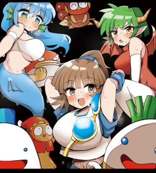 3girls arle_nadja armor arms_up blue_hair blush breastplate breasts brown_eyes brown_hair cover cover_page diz draco_centauros dragon dragon_girl dragon_horns elbow_gloves female_focus gloves green_hair highres horns large_breasts mermaid mermaid_tail monster_girl multiple_girls open_mouth pakista parara parody ponytail puyo_puyo reference sasoriman serilly_(puyo_puyo) shirt sideboob suketoudara sukiyapodes sweat white_gloves white_shirt