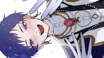 Rule 34 | 1boy, beads, blue hair, commentary, earrings, ensemble stars!, fushimi yuzuru, gem, gloves, highres, jewelry, looking at viewer, male focus, nibe chiyo, official alternate costume, open mouth, purple eyes, red gemstone, short bangs, short hair, sideways, simple background, solo, sweat, teeth, upper body, upper teeth only, white background, white gloves