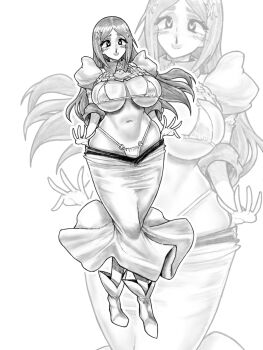 01leteo 1girl 2025 bleach bleach:_sennen_kessen-hen blood breasts cleavage cleavage_cutout clothing_cutout detached_sleeves female_focus full_body hair_ornament hairclip highres inoue_orihime large_breasts long_hair long_skirt midriff monochrome navel nosebleed photo-referenced puffy_sleeves simple_background skirt snowflake_hair_ornament stomach white_background wide_hips