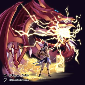 1boy ancient_egyptian ancient_egyptian_clothes card cyno_(genshin_impact) dark-skinned_male dark_skin dm_(nguyen_dm95) dragon duel_disk duel_monster genshin_impact hat highres holding holding_card medium_hair osiris_the_sky_dragon summoning white_hair yu-gi-oh!