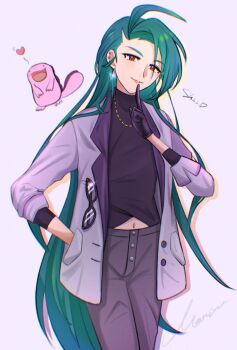 1girl 1other alternate_color black_gloves black_pants black_shirt clothing_cutout commentary_request earrings english_text eyewear_in_pocket gen_2_pokemon gloves green_hair grey_jacket heart highres jacket jewelry long_hair looking_at_viewer marin_sub1 midriff navel necklace nintendo official_alternate_costume official_alternate_hairstyle pants pokemon pokemon_masters_ex quagsire red_eyes rika_(palentine's_2026)_(pokemon) rika_(pokemon) shiny_pokemon shirt signature smile solo unworn_eyewear very_long_hair white_background