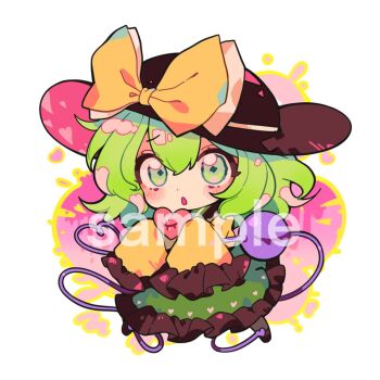 1girl black_hat blush bow chibi chibi_only collared_shirt eyeball frilled_shirt_collar frilled_skirt frilled_sleeves frills green_eyes green_hair green_skirt hat hat_bow heart heart_of_string highres komeiji_koishi long_sleeves looking_at_viewer open_mouth sample_watermark shirt skirt sleeves_past_fingers sleeves_past_wrists solo third_eye touhou watermark wide_sleeves yellow_bow yellow_shirt youshouhaoxianzhe