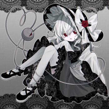 1girl alternate_color alternate_eye_color alternate_hair_color black_shoes black_skirt commentary_request frills hair_between_eyes hat highres komeiji_koishi long_hair long_sleeves looking_at_viewer parted_lips red_eyes shirt shoes skirt smile solo third_eye touhou tya_514 white_hair white_shirt