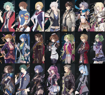6+boys 6+girls absurdres achan_(blue_semi) ahoge arianrhod_(eiyuu_densetsu) armor black_background black_gloves black_hair blue_hair brown_hair cedric_reise_arnor claire_rieveldt coat cropped_jacket crossed_arms crow_armbrust eiyuu_densetsu fie_claussell george_nome giliath_osborne gloves goggles goggles_on_head green_hair gun half_updo hand_fan handgun hat highres holding holding_fan holding_gun holding_hands holding_knife holding_string holding_weapon irina_reinford kea_(eiyuu_densetsu) knife laura_s._arseid lloyd_bannings long_hair looking_at_viewer machias_regnitz mariabell_crois mcburn mullet multiple_boys multiple_girls musse_egret navel numbered paper_fan pointing pointing_up ponytail purple_eyes purple_hair renne_(eiyuu_densetsu) rutger_claussell scarf sen_no_kiseki sen_no_kiseki_(series) sen_no_kiseki_i sen_no_kiseki_iv sharon_kreuger short_hair shorts skirt smile string thighhighs thors_military_academy_class_vii_uniform towa_herschel two-tone_background vita_clotilde weapon white_gloves