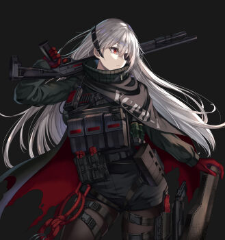 Rule 34 | 12-gauge, ammunition, benelli m4 super 90, black background, black pantyhose, black skirt, cenangam, evelyn (neural cloud), eyepatch, girls' frontline, girls' frontline neural cloud, gloves, green shirt, gun, handgun, highres, holding, holding gun, holding weapon, knife, long hair, m1014, pantyhose, pistol, red eyes, red gloves, semi-automatic shotgun, shirt, shotgun, shotgun shell, simple background, skirt, weapon, white hair