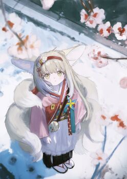 1girl animal_ears apron arknights black_hakama chinese_commentary coin_purse commentary_request flower fox_ears fox_girl fox_tail gumiaoandpeace hairband hakama highres japanese_clothes kimono multiple_tails official_alternate_costume pink_kimono pinwheel red_hairband sandals solo suzuran_(arknights) suzuran_(yukibare)_(arknights) tail waist_apron white_apron