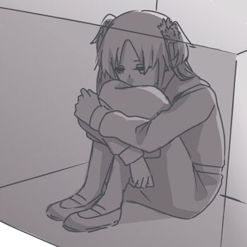 1girl box commentary_request dress flower full_body greyscale hair_flower hair_ornament half-closed_eyes hasu_no_sora_school_uniform hugging_own_legs in_box in_container knees_up link!_like!_love_live! long_hair long_sleeves love_live! medium_dress monochrome osawa_rurino parted_bangs potatopenggu sailor_collar sailor_dress school_uniform sitting solo twintails virtual_youtuber winter_uniform