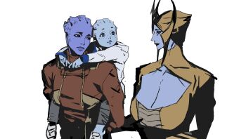 3girls aethyta_(mass_effect) aged_down alien asari_(mass_effect) benezia_(mass_effect) black_dress black_lips breast_envy breasts carrying cbb_(tuucoo) cleavage cleavage_cutout clothing_cutout dress family female_focus freckles grey_footwear grey_pants headdress highres hood hoodie ips_cells jacket large_breasts liara_t'soni looking_to_the_side mass_effect_(series) matriarch_benezia mother_and_daughter multiple_girls pants piggyback red_jacket shoes sneakers white_hoodie