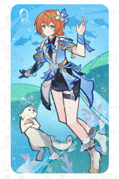 1girl black_shorts boots bubble chinese_text english_text full_body genius_invokation_tcg_(style) gloves green_eyes hair_ornament high_heels highres looking_at_viewer mixed-language_text orange_hair original otter saintcube2 short_hair shorts single_glove smile solo thigh_strap underwater vision_(genshin_impact) watermark