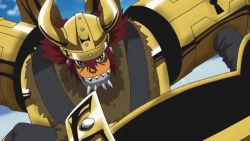 3boys animated axe battle battle_axe blue_eyes blue_skin claws colored_skin digimon digimon_(creature) digimon_adventure:_(2020) electricity explosion fangs fighting full_body hammer holding holding_hammer holding_weapon horns ice injury kido_jo looking_at_another multiple_boys muscular olegmon orange_hair sharp_teeth shell single_horn teeth violence weapon video wind zudomon