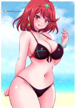 1girl absurdres beach bikini black_bikini blurry blurry_background blush bracelet breasts chest_jewel choker cleavage closed_mouth cloud collarbone commentary core_crystal_(xenoblade) cowboy_shot cross cross_print earrings english_commentary headpiece highres jewelry large_breasts navel nintendo ocean print_bikini pyra_(xenoblade) red_eyes red_hair sand short_hair sky smile solo sparkle sugarbell swimsuit tongue tongue_out water xenoblade_chronicles_(series) xenoblade_chronicles_2