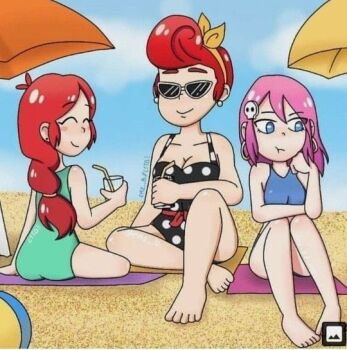 beach brawl_stars jessie_(brawl_stars) pam_(brawl_stars) penny_(brawl_stars)