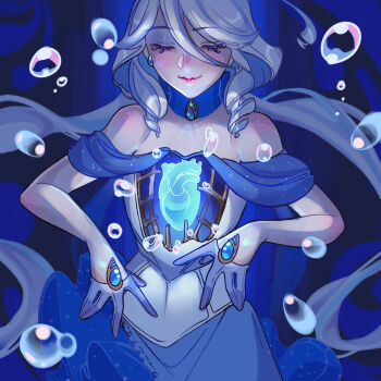 1girl absurdres ahoge blue_gemstone blue_hair closed_eyes eyelashes furina_(genshin_impact) gem genshin_impact gloves hair_between_eyes heart_(organ) highres lips long_hair luverihu multicolored_hair smile solo streaked_hair white_gloves white_hair