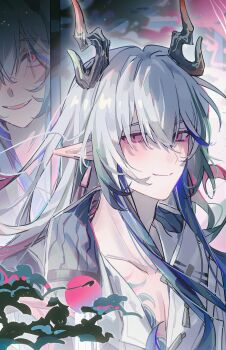 1boy arknights blue_hair chinese_commentary cloud collarbone commentary_request dragon_horns eyeliner hair_between_eyes highres horns long_hair long_sidelocks looking_at_viewer makeup multicolored_hair multiple_views partially_open_shirt pectoral_cleavage pectorals pink_eyes pointy_ears red_eyeliner shirt sidelocks slit_pupils smile streaked_hair white_hair white_shirt woshiningmengjing913 yi_(arknights)