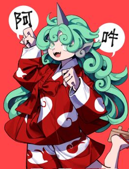 1girl cloud_print commentary_request curly_hair geta green_eyes green_hair highres horns komainu komainu_ears komainu_girl komano_aunn korean_clothes korean_commentary looking_at_viewer nunrb open_mouth paw_pose red_background shorts simple_background single_horn speech_bubble touhou white_shorts