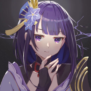 Rule 34 | 1girl, armor, blunt bangs, bridal gauntlets, commentary, electricity, fan hair ornament, genshin impact, grey background, head tilt, japanese clothes, kimono, neck ribbon, no mole, off shoulder, parted lips, puchimu, purple eyes, purple hair, purple kimono, raiden shogun, red ribbon, ribbon, shoulder armor, solo, upper body