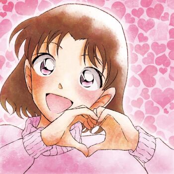 Rule 34 | 1girl, :d, aged up, commentary request, hair down, head tilt, heart, heart background, heart hands, highres, long sleeves, looking at viewer, medium hair, meitantei conan, open mouth, pink background, pink sweater, pink theme, ponblue, portrait, smile, solo, sweater, yoshida ayumi