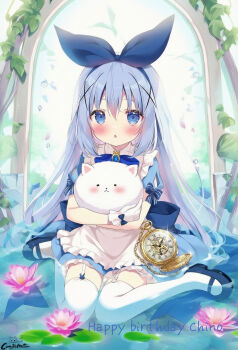 1girl :o absurdres analog_stopwatch angora_rabbit animal apron artist_name birthday blue_bow blue_dress blue_eyes blue_hair blue_hairband blue_shoes blush bow bow_apron bow_hairband chestnut_mouth child comikemaster commentary_request dot_nose dress english_text flower frilled_dress frills garter_straps glove_bow gloves gochuumon_wa_usagi_desu_ka? hair_between_eyes hair_ornament hairband happy_birthday highres holding holding_animal holding_rabbit kafuu_chino lily_pad loafers long_hair looking_at_viewer lotus nakayoshi!_maru!_nakayoshi! partially_submerged pond rabbit shoes sitting solo stopwatch thighhighs tippy_(gochiusa) very_long_hair wariza watch white_apron white_garter_straps white_gloves white_thighhighs x_hair_ornament zettai_ryouiki