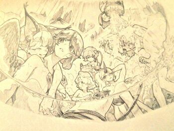 Rule 34 | 6+girls, animal ears, bathing, bowl, cat ears, horns, hoshiguma yuugi, kaenbyou rin, kisume, komeiji satori, kurodani yamame, menotama, mizuhashi parsee, monochrome, multiple girls, nude, onsen, partially submerged, pointy ears, reiuji utsuho, single horn, sitting, touhou, traditional media