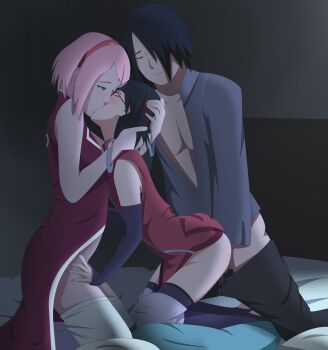 1boy 2girls arm_around_neck bangle bed bed_sheet bedroom bisexual_female black_gloves black_hair black_thighhighs boruto:_naruto_next_generations bracelet closed_mouth clothes_pull dress elbow_gloves facial_mark family father_and_daughter ffm_threesome fingerless_gloves forehead_mark forehead_protector glasses gloves green_eyes group_sex hair_over_one_eye hairband half-closed_eyes hand_on_another's_head haruno_sakura headband hetero highres husband_and_wife incest jewelry kiss kneeling long_sleeves mother_and_daughter multiple_girls naruto_(series) on_bed optimystic oyakodon_(sex) pants pants_pull pink_hair red-framed_eyewear red_dress red_hairband red_headband sex sex_from_behind short_hair shorts shorts_pull sleeveless sleeveless_dress stirrup_legwear thighhighs thighs threesome toeless_legwear uchiha_sarada uchiha_sasuke white_pants white_shorts