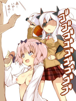 1boy 2girls blue_eyes giji_eizan hibari_(senran_kagura) highres multiple_girls nipples penis penis_awe penis_grab penis_ribbon pink_hair ribbon senran_kagura surprised white_hair yagyu_(senran_kagura)