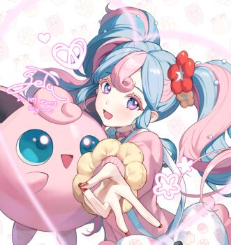1girl artist_name bag blue_eyes blue_hair blush bull_sprite_(pokemon) cardigan choker clefairy_sprite_(pokemon) colored_eyelashes curly_hair fairy_miku_(project_voltage) fingernails flower fossil_sprite_(pokemon) gen_1_pokemon hair_flower hair_ornament hatsune_miku heart heart_choker i_setastar jigglypuff long_hair long_sleeves looking_at_viewer multicolored_eyes multicolored_hair nail_polish nintendo open_mouth pillow pink_cardigan pink_choker pink_eyes pink_hair pokemon pokemon_(creature) project_voltage red_flower red_nails scrunchie shoulder_bag smile streaked_hair twintails two-tone_eyes two-tone_hair v vocaloid white_background white_bag wrist_scrunchie yellow_flower yellow_scrunchie