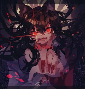 1girl animal_ears brown_hair commentary_request cowboy_shot dress english_text fingernails floating_hair frilled_dress frills imaizumi_kagerou letterboxed long_hair long_sleeves looking_at_viewer one-hour_drawing_challenge open_mouth reaching reaching_towards_viewer red_eyes red_nails sharp_fingernails shinjitsu_no_kuchi smile solo teeth touhou white_dress wolf_ears wolf_girl