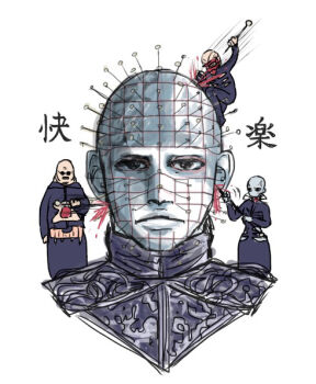 1girl 3boys artist_request bald belt blue_skin butterball cenobite chatterer chibi colored_skin expressionless female_cenobite hellraiser injury long_sleeves looking_at_viewer monster multiple_boys no_humans pinhead serious simple_background smile spikes sunglasses translation_request undead what white_background