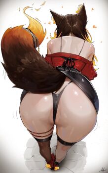 1girl aelion_draws animal_ears ass ass_focus bra breasts brown_hair chest_harness choker collar commentary english_commentary fiery_ears fiery_tail fire flame-tipped_tail from_behind gloves gradient_tail harness indie_virtual_youtuber long_hair multi-strapped_bra multicolored_hair orange_fire orange_hair patreon_username presenting presenting_ass simple_background sinder_(sinder_2.0)_(vtuber) sinder_(vtuber) skirt skull_ornament solo spiked_belt spiked_choker spiked_collar spiked_thigh_strap spikes streaked_hair tail tail_belt tail_strap thick_thighs thighhighs thighs thong underwear virtual_youtuber wolf_ears wolf_girl wolf_tail zipper_skirt