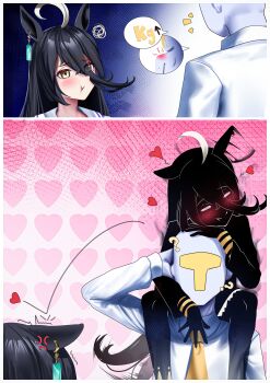Rule 34 | 1boy, 2girls, absurdres, ahoge, anger vein, animal ears, black coat, black gloves, black hair, black pantyhose, black shirt, black skirt, blush, coat, collared shirt, commentary, ear tag, earrings, ears wagging, english commentary, gloves, hair between eyes, heart, highres, horse ears, horse girl, horse tail, jewelry, long bangs, long hair, long hair between eyes, long sleeves, looking at another, manhattan cafe (creeping shadow) (umamusume), manhattan cafe (umamusume), manjo (warito), multicolored hair, multiple girls, necktie, on shoulder, pantyhose, pout, sailor collar, school uniform, shirt, single earring, skirt, speech bubble, sunday silence (racehorse), t-head trainer (umamusume), tail, tail wagging, tracen school uniform, trainer (umamusume), umamusume, very long hair, white hair, white sailor collar, white shirt, yellow eyes, yellow necktie