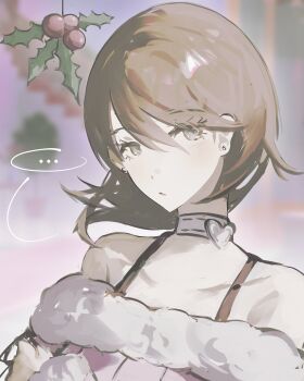 ... 1girl bare_shoulders blurry blurry_background bra_strap brown_eyes brown_hair choker collarbone commentary_request earrings flipped_hair fur-trimmed_shirt fur_trim hair_between_eyes hand_on_own_arm heart heart_choker highres holly jewelry k1kiwa looking_at_viewer medium_hair mistletoe off-shoulder_shirt off_shoulder parted_lips persona persona_3 pink_shirt portrait shirt solo spoken_ellipsis stud_earrings takeba_yukari white_choker