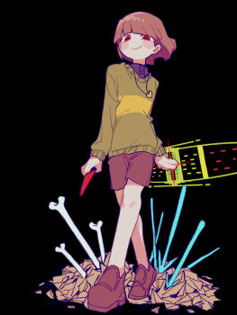 1other androgynous arrow_(projectile) black_background blunt_bangs blush_stickers bone brown_hair brown_shoes brown_shorts chara_(undertale) child full_body green_sweater heart_pendant highres holding holding_knife knife loafers looking_at_viewer other_focus red_eyes shards shoes short_hair shorts smile solo sweater tadeno undertale utdr_(toby_fox)