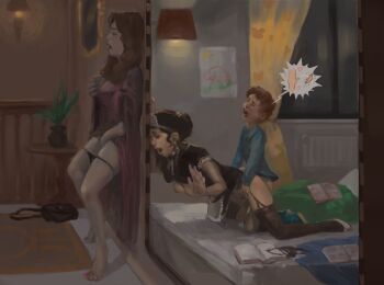 1boy 2girls against_wall age_difference bad_source bad_tag bed black_hair book clothes_pull cum cum_in_pussy dark-skinned_female dark_skin doggystyle doomsatan666 drawing female female_masturbation heart hetero highres interracial maid male masturbation multiple_girls no_panties older_woman on_bed onee-shota open_mouth panties panty_pull plant pussy red_hair sex sex_from_behind shorts shorts_pull shota shouting size_difference stealth_masturbation straight_shota underwear vaginal young_domination