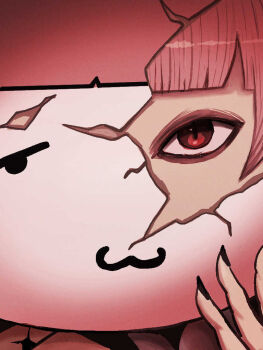 1girl :3 broken_mask cracked_kawaii_mask hashtag-only_commentary hololive hololive_english looking_at_viewer mask masked mkm_(pixiv13235370) mori_calliope pink_hair portrait revealing_layer solo virtual_youtuber weird_cat_(mori_calliope)