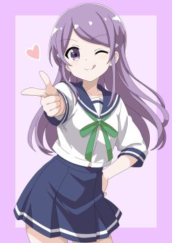1girl blue_sailor_collar blush collarbone dot_nose feet_out_of_frame female_focus green_ribbon hair_ornament hairclip heart jin_1116 koisuru_asteroid legs long_hair looking_at_viewer one_eye_closed pointing pointing_at_viewer purple_background purple_eyes purple_hair ribbon sailor_collar school_uniform serafuku short_hair simple_background skirt solo standing suzuya_moe tongue tongue_out