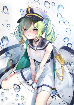 1girl aiguillette between_legs black_choker black_sailor_collar blush bra_visible_through_clothes breasts choker coat commentary_request double-parted_bangs dress from_above gloves green_hair grey_eyes grin hair_between_eyes hand_between_legs hat highres korean_commentary large_breasts long_bangs looking_at_viewer looking_up m_cream01 medium_hair sailor_collar sailor_dress sailor_hat see-through_clothes see-through_dress simple_background sitting sleeveless sleeveless_dress smile solo spread_legs stellive twintails unworn_coat variant_set virtual_youtuber wariza water_drop wet wet_clothes wet_dress white_background white_coat white_dress white_gloves white_hat yuzuha_riko