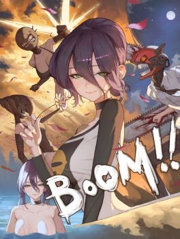 1boy 1girl alternate_form battle black_choker black_necktie blood bomb_devil_(chainsaw_man) breasts chainsaw chainsaw_man choker cleavage closed_mouth commentary denji_(chainsaw_man) flower full_moon green_eyes hair_between_eyes holding holding_flower large_breasts light_smile moon multiple_views necktie night partially_submerged pool purple_hair reze_(chainsaw_man) sharp_teeth shirt sib_(9obsl) teeth white_flower white_shirt