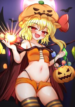 1girl alternate_costume apple bare_shoulders blonde_hair candy cape collarbone flandre_scarlet food fruit full_moon halloween halloween_costume happy_halloween hat highres jack-o&#039;-lantern kasoka_soka looking_at_viewer midriff moon navel nier nier_(series) open_mouth pointy_ears pumpkin red_cape red_eyes short_shorts shorts smile solo thighhighs touhou