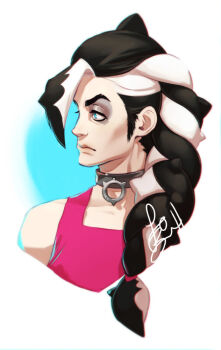 Rule 34 | 1boy, alternate hairstyle, black hair, blue eyes, braid, choker, closed mouth, commentary, cropped shoulders, english commentary, eyeshadow, lobelmontdraws, looking to the side, makeup, male focus, multicolored hair, nintendo, piers (pokemon), pink tank top, pokemon, pokemon swsh, sideburns, signature, solo, tank top, two-tone hair
