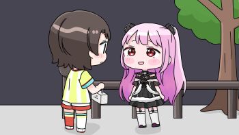 2girls :d asymmetrical_legwear black_dress black_shoes blush_stickers brown_hair chibi dress garter_straps green_eyes highres hololive long_hair mismatched_legwear mochimiko multiple_girls night oozora_subaru oozora_subaru_(1st_costume) open_mouth outdoors pink_hair profile red_eyes red_socks shirt shoes short_hair short_sleeves shorts smile socks striped_clothes striped_shirt thighhighs tree two_side_up uruha_rushia uruha_rushia_(3rd_costume) vertical-striped_clothes vertical-striped_shirt very_long_hair virtual_youtuber white_shorts white_socks white_thighhighs