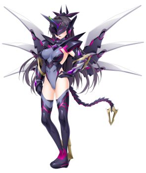 Rule 34 | 1girl, armor, armored boots, armored leotard, avalastia, black hair, boots, breasts, corruption, covered navel, dark persona, elbow gloves, full body, game cg, gloves, grey leotard, hand on own hip, headgear, highres, horns, itakano shigure, kamitsurugi ouka, kouyoku senki exs-tia concert, large breasts, large variant set, leotard, long hair, mask, mecha musume, mechanical horns, mechanical tail, mechanical wings, non-web source, official art, open mouth, single horn, solo, standing, tachi-e, tail, thigh boots, thighhighs, transparent background, variant set, wings