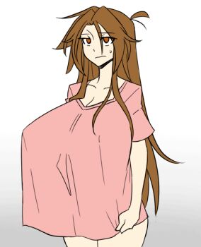 1girl :3 :p adjusting_clothes adjusting_shirt ahoge animal_print animated animated_gif breasts brown_eyes brown_hair cleavage clothes_lift covered_erect_nipples covering_with_blanket cow_print cow_print_panties ego_trigger female_focus gradient_background graph_(graphiteknight) grey_background hands_on_own_hips huge_breasts licking_lips long_hair looking_at_viewer matching_hair/eyes mattie_(ego_trigger) midriff navel original panties shirt shirt_lift smile smug solo sweatdrop taut_clothes thick_thighs thighs tongue tongue_out underwear