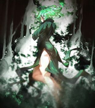 1girl adversarial_noise ass collared_dress commentary derivative_work dress english_commentary flipped_hair floating floating_hair from_side green_dress green_eyes green_hair highres one-punch_man screenshot_redraw short_hair side_slit solo stegart tatsumaki
