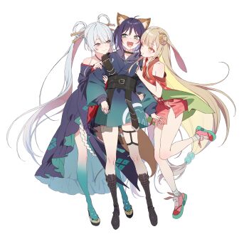 3girls absurdres ahoge animal_ears bare_shoulders blonde_hair blush boots breasts cho_kaguya-hime! choker crescent crescent_hair_ornament double_bun dress fang fishnets grabbing_another's_breast green_eyes groping hair_between_eyes hair_bun hair_ornament hair_rings hair_stick highres hug japanese_clothes kaguya_(cho_kaguya-hime!) kimono kneehighs lace-up_boots large_breasts long_hair long_sleeves lop_rabbit_ears multicolored_hair multiple_girls open_mouth pepperdevil purple_hair rabbit_ears red_kimono runami_yachiyo sakayori_iroha skirt smile socks standing streaked_hair thigh_strap thighhighs very_long_hair white_background wide_sleeves yellow_eyes