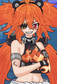 1girl ahoge animal_ears bare_shoulders bear_ears black_gloves breasts crop_top eyepatch fake_animal_ears fingerless_gloves gloves hair_between_eyes hair_ornament highres koleda_belobog long_hair looking_at_viewer midriff navel original red_eyes red_hair shortstack solo sphere_hair_ornament theeyzmaster twintails zenless_zone_zero