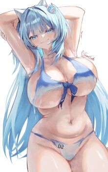 Rule 34 | 1girl, absurdres, animal ear headphones, animal ears, arms behind head, arms up, bikini, blue eyes, blue hair, bodypaint, breasts, commentary request, cropped legs, detached sleeves, fake animal ears, goddess of victory: nikke, headphones, highres, large breasts, long hair, long sleeves, looking at viewer, mekami shifty (nikke), navel, painted clothes, pennosuke, simple background, smile, solo, standing, swimsuit, white background, white bikini