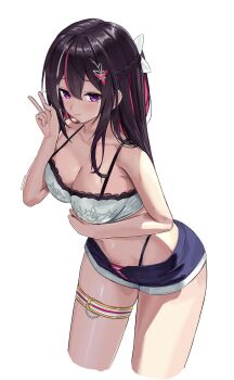 1girl absurdres alternate_costume asymmetrical_sidelocks azki_(hololive) bikini bikini_bottom_under_shorts bikini_under_clothes black_hair blue_shorts braid breasts cleavage closed_mouth colored_inner_hair commentary_request cropped_leg cropped_legs double-parted_bangs hair_ornament hairclip half_up_half_down_braid hand_up highleg highleg_bikini highres hololive large_breasts leaning_forward long_hair looking_at_viewer mismatched_bikini mole mole_under_eye multicolored_hair navel open_fly pink_bikini pink_hair purple_eyes short_shorts shorts sidelocks smile solo stomach streaked_hair swimsuit thigh_strap tokiyanagi v very_long_hair virtual_youtuber white_bikini white_hair