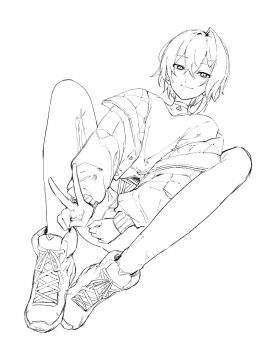 Rule 34 | 1girl, ange katrina, ange katrina (5th costume), black choker, blue eyes, blush, choker, closed mouth, dutch angle, full body, gradient eyes, greyscale, hair between eyes, hair ornament, hairclip, hashtag-only commentary, highres, isobe norituki, jacket, knees up, lineart, long bangs, long sleeves, looking at viewer, monochrome, multicolored eyes, nijisanji, nose blush, open clothes, open jacket, pendant choker, purple eyes, red hair, shirt, shirt tucked in, shoes, short hair, simple background, single hair intake, single off shoulder, smile, solo, triangle hair ornament, v, virtual youtuber, white shirt