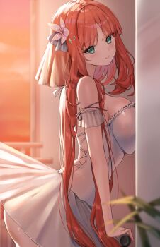 1girl absurdres alternate_breast_size alternate_costume aqua_eyes ass ballerina ballet bare_shoulders barre blurry blurry_foreground breast_press breasts closed_mouth dance_studio day depth_of_field dress flower from_side genshin_impact hair_flower hair_ornament highres large_breasts light_smile long_hair looking_at_viewer nail_polish nilou_(genshin_impact) orange_sky pantyhose pink_pantyhose raised_eyebrows red_hair red_nails skirt sky smile solo tutu twilight ueng white_dress white_skirt
